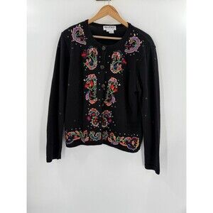Jack B. Quick Mardi Gras Party Sweater Cardigan LARGE With Beads & Sequins EUC